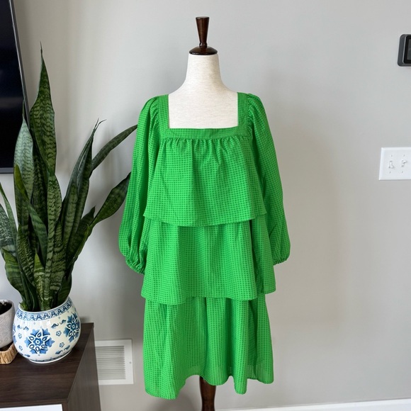 NWT! Square Neck Checkered Tier Layer Bubble Sleeve Dress - Color: Online Lime - Picture 8 of 10